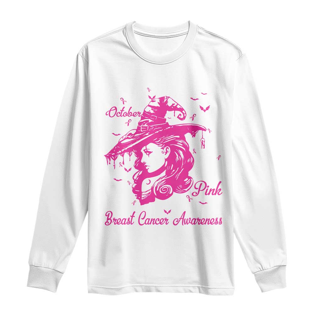 Breast Cancer Support Long Sleeve Shirt In October We Wear Pink Halloween Witch