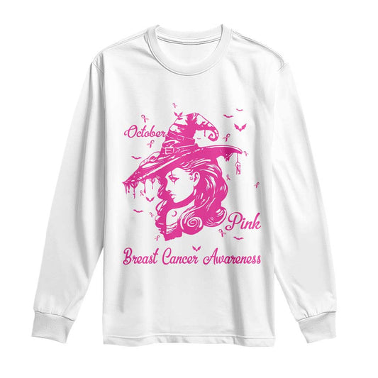 Breast Cancer Support Long Sleeve Shirt In October We Wear Pink Halloween Witch