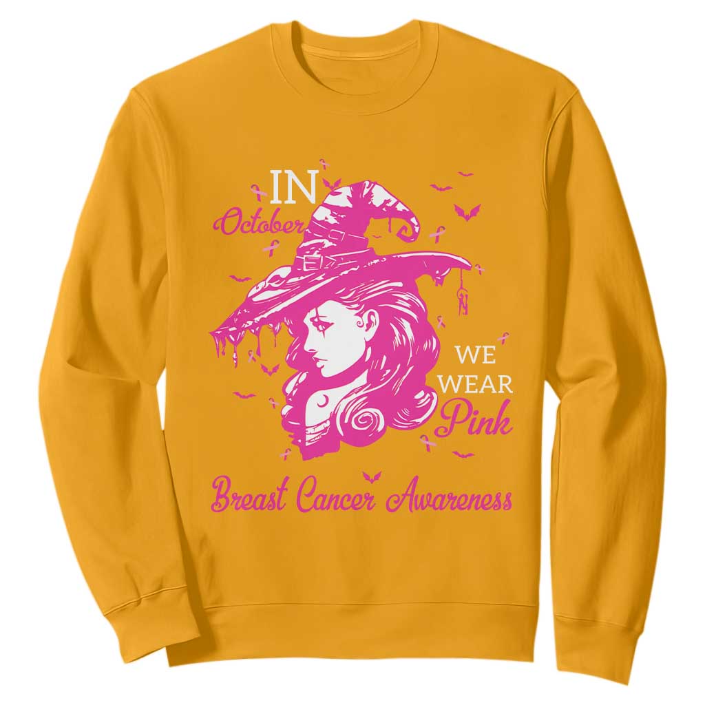 Breast Cancer Support Sweatshirt In October We Wear Pink Halloween Witch