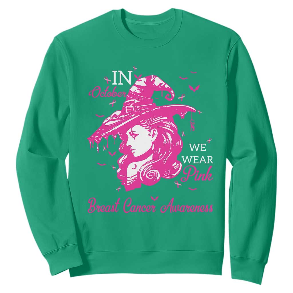 Breast Cancer Support Sweatshirt In October We Wear Pink Halloween Witch