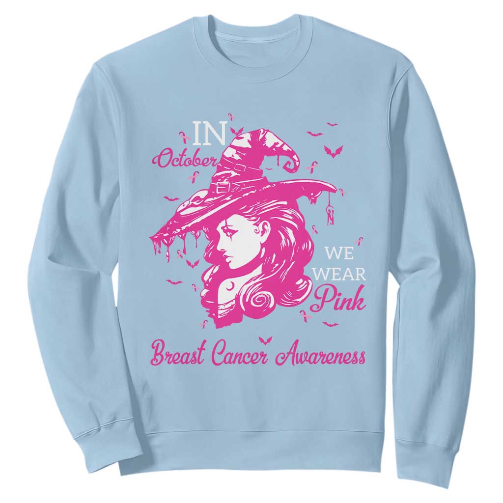 Breast Cancer Support Sweatshirt In October We Wear Pink Halloween Witch
