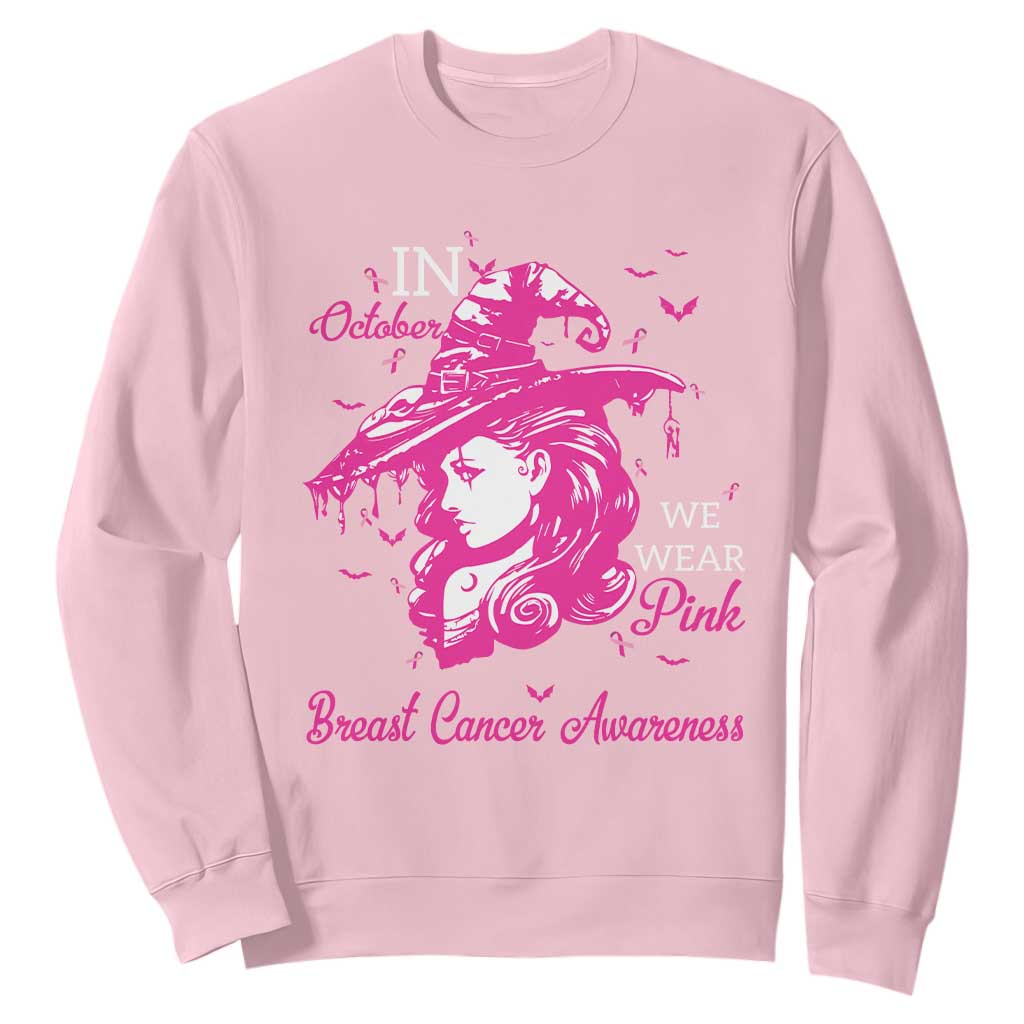 Breast Cancer Support Sweatshirt In October We Wear Pink Halloween Witch