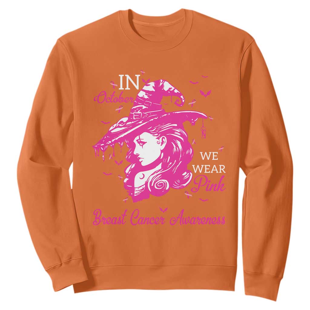 Breast Cancer Support Sweatshirt In October We Wear Pink Halloween Witch