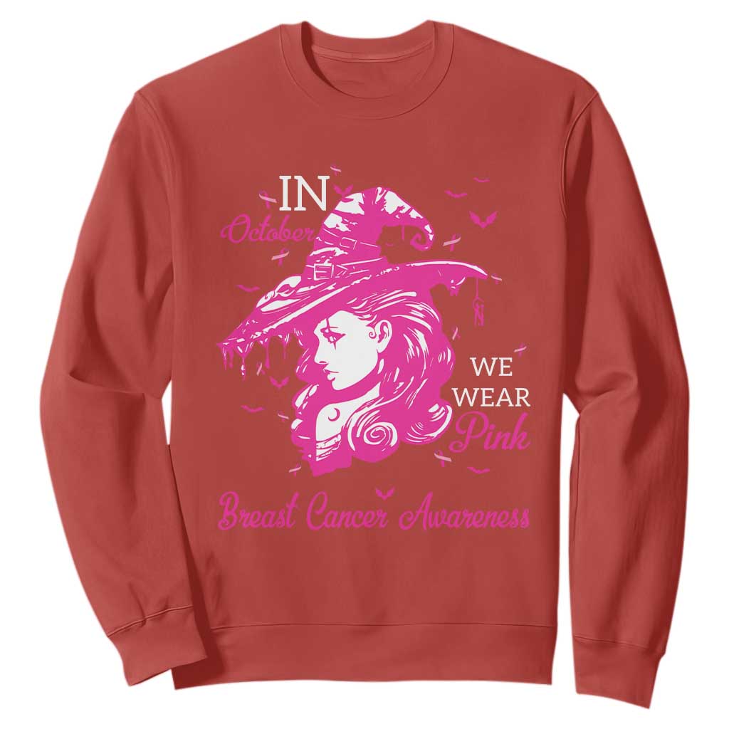 Breast Cancer Support Sweatshirt In October We Wear Pink Halloween Witch