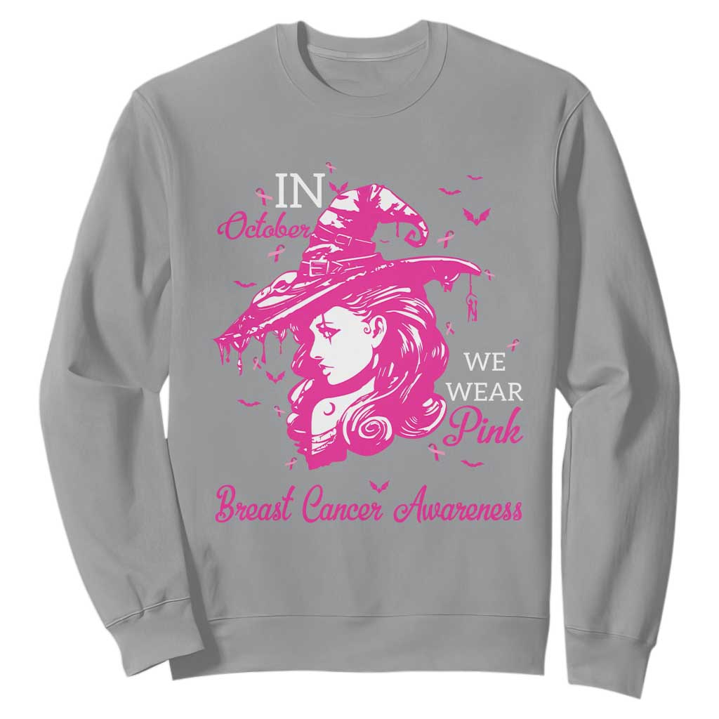 Breast Cancer Support Sweatshirt In October We Wear Pink Halloween Witch