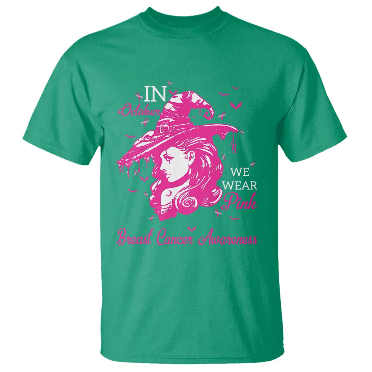 Breast Cancer Support T Shirt In October We Wear Pink Halloween Witch