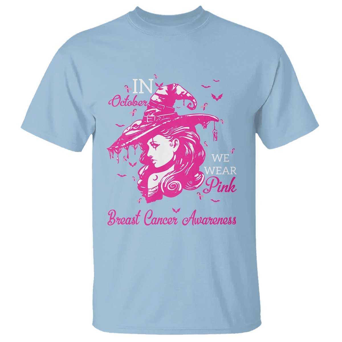 Breast Cancer Support T Shirt In October We Wear Pink Halloween Witch