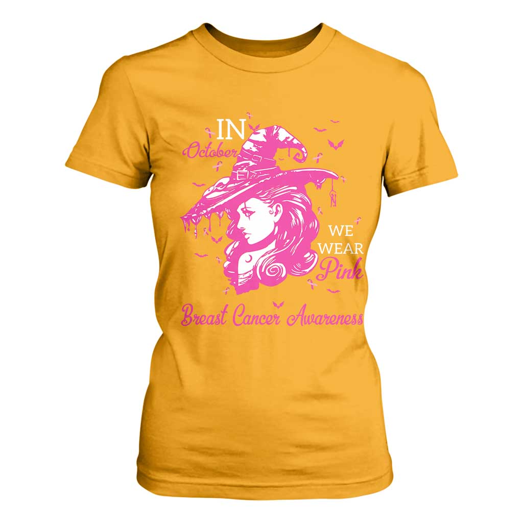 Breast Cancer Support T Shirt For Women In October We Wear Pink Halloween Witch