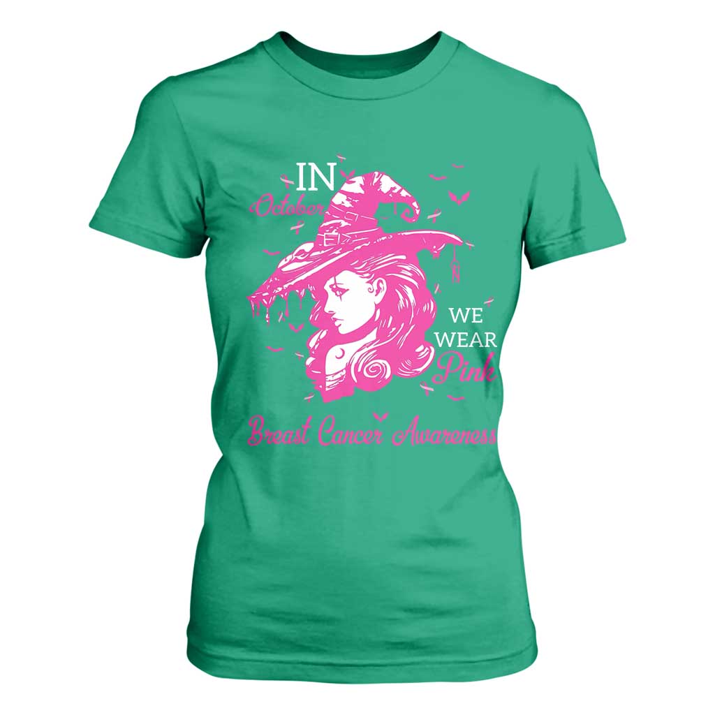 Breast Cancer Support T Shirt For Women In October We Wear Pink Halloween Witch