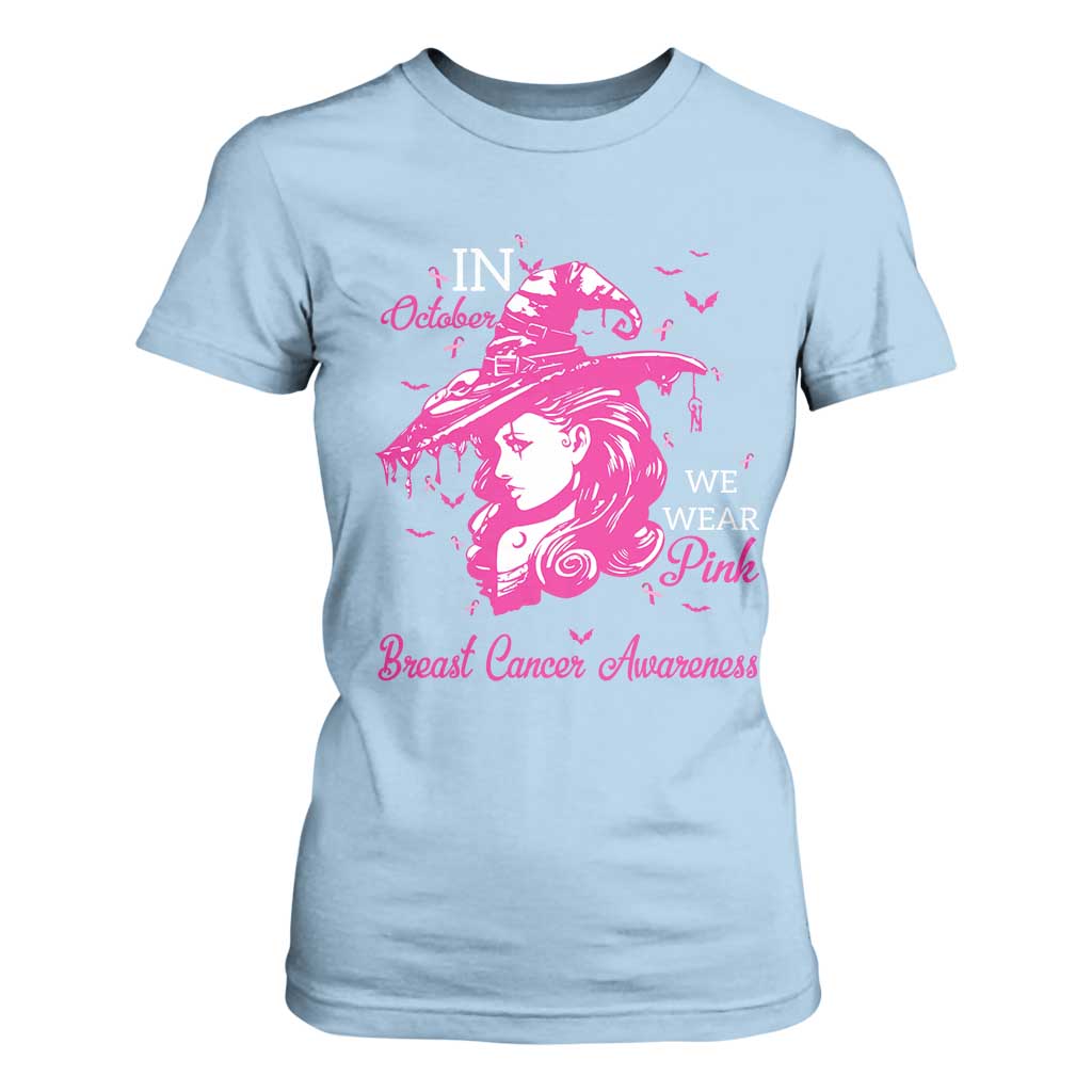 Breast Cancer Support T Shirt For Women In October We Wear Pink Halloween Witch