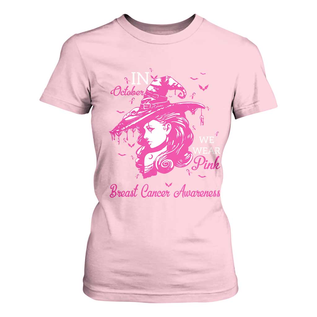 Breast Cancer Support T Shirt For Women In October We Wear Pink Halloween Witch