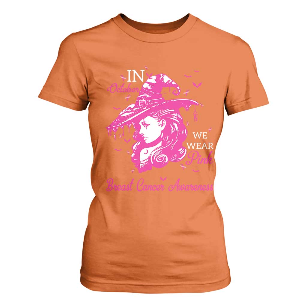 Breast Cancer Support T Shirt For Women In October We Wear Pink Halloween Witch