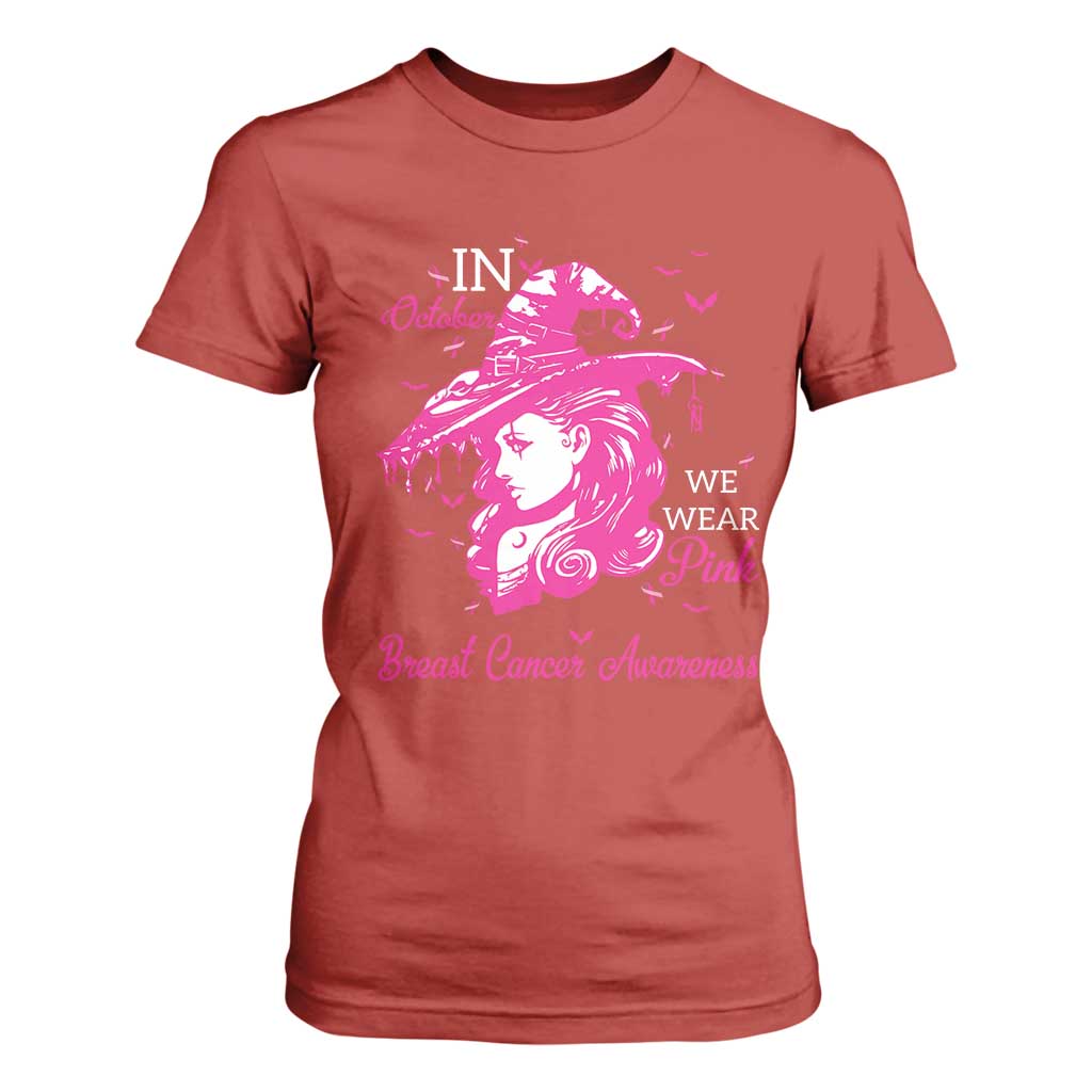Breast Cancer Support T Shirt For Women In October We Wear Pink Halloween Witch