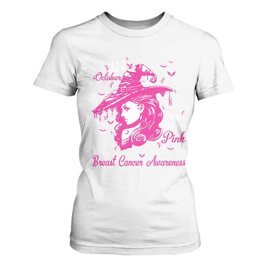 Breast Cancer Support T Shirt For Women In October We Wear Pink Halloween Witch