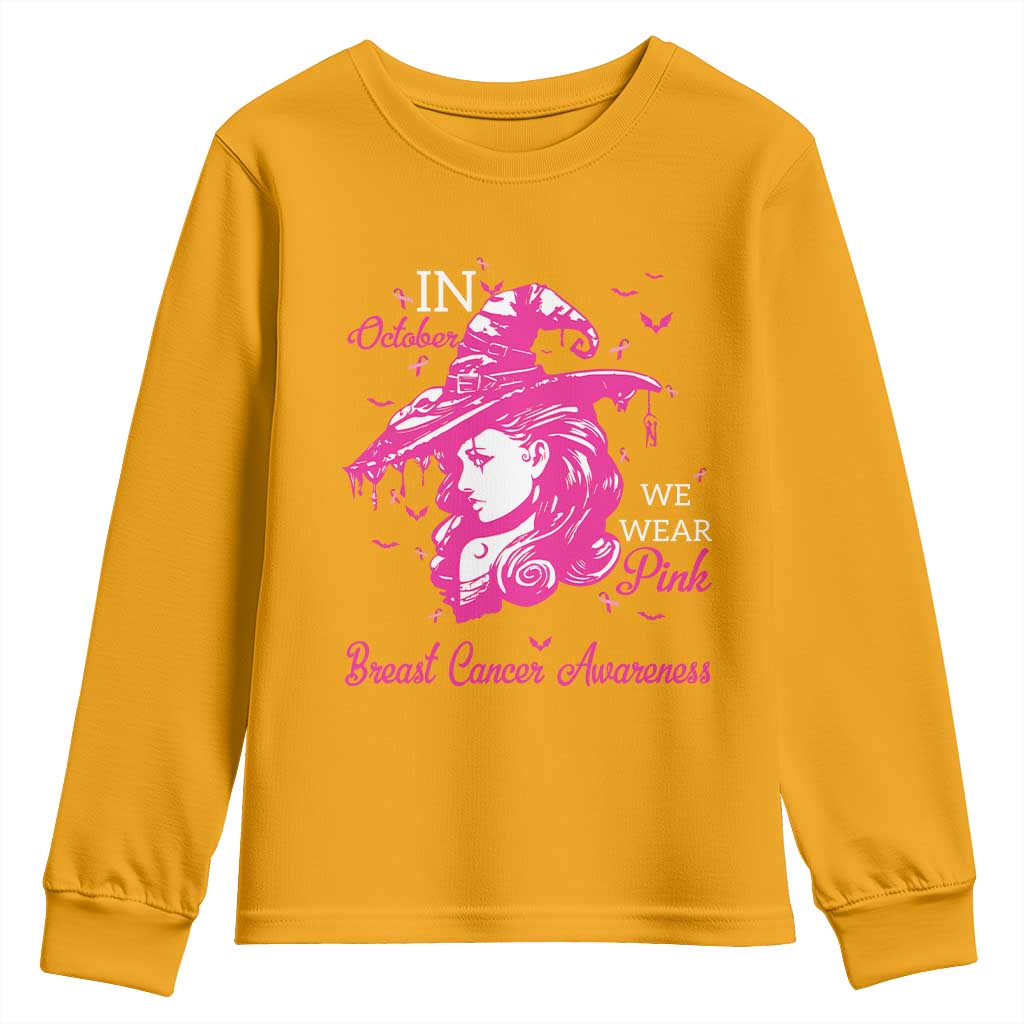 Breast Cancer Support Youth Sweatshirt In October We Wear Pink Halloween Witch