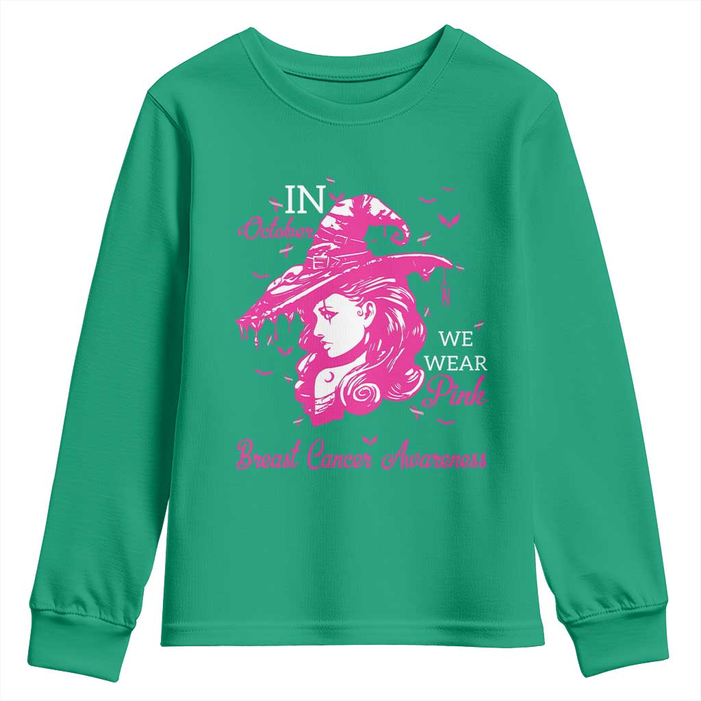 Breast Cancer Support Youth Sweatshirt In October We Wear Pink Halloween Witch