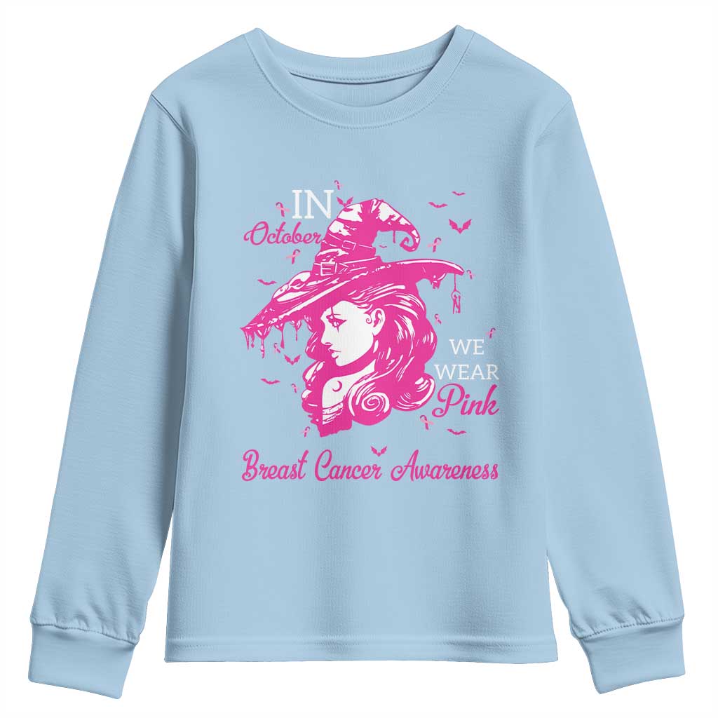 Breast Cancer Support Youth Sweatshirt In October We Wear Pink Halloween Witch