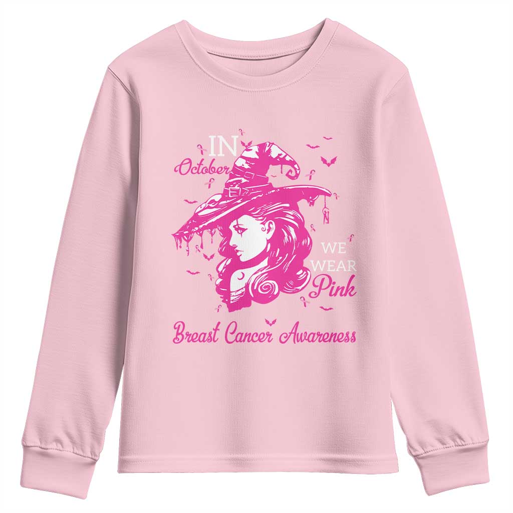 Breast Cancer Support Youth Sweatshirt In October We Wear Pink Halloween Witch