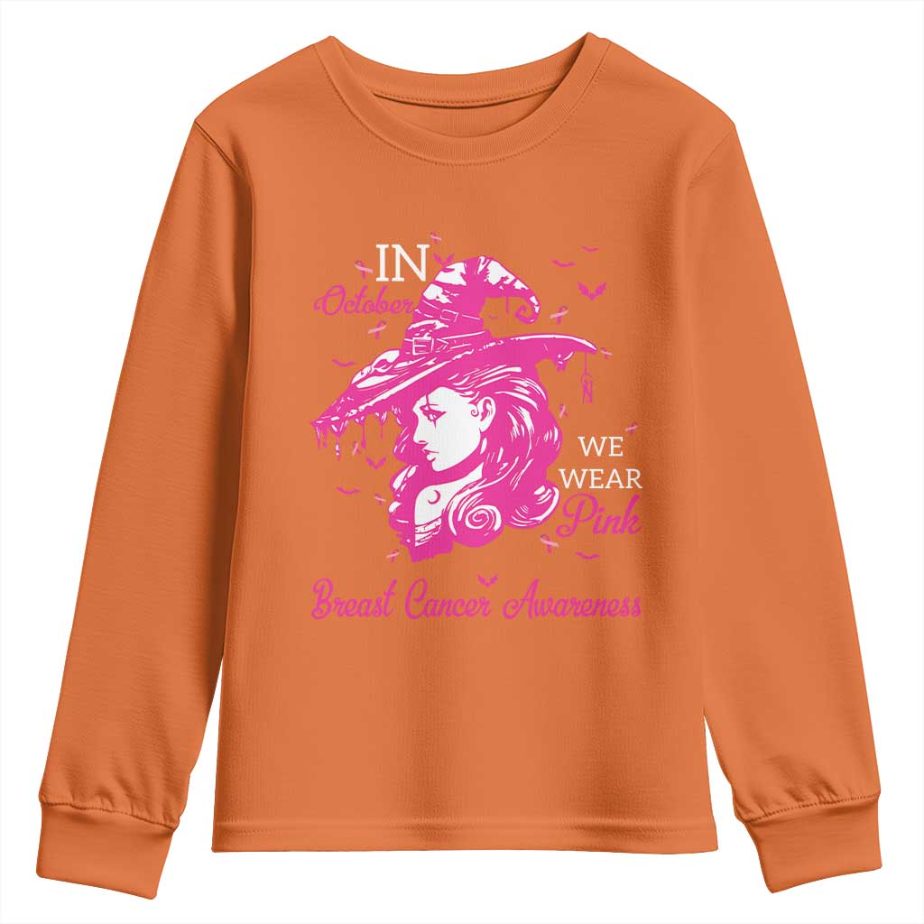 Breast Cancer Support Youth Sweatshirt In October We Wear Pink Halloween Witch