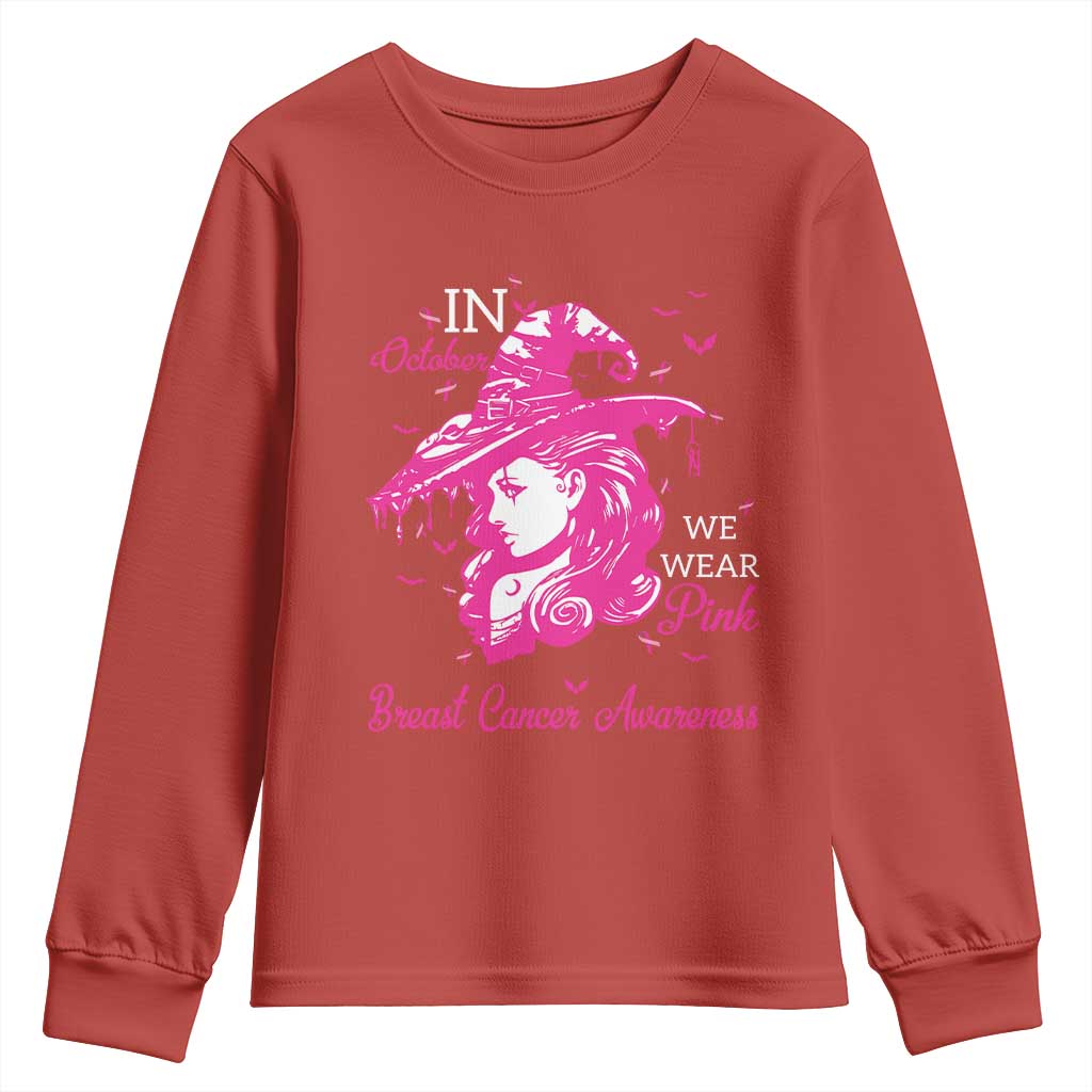 Breast Cancer Support Youth Sweatshirt In October We Wear Pink Halloween Witch