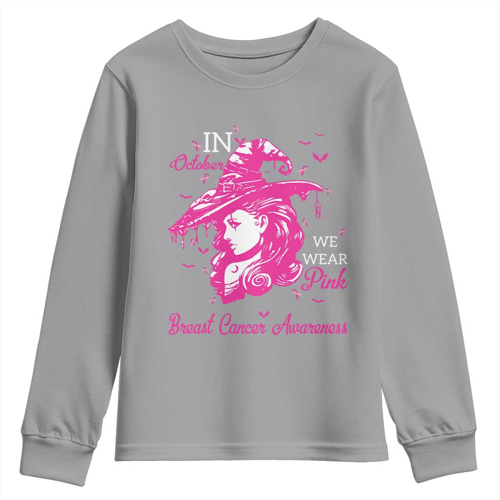 Breast Cancer Support Youth Sweatshirt In October We Wear Pink Halloween Witch
