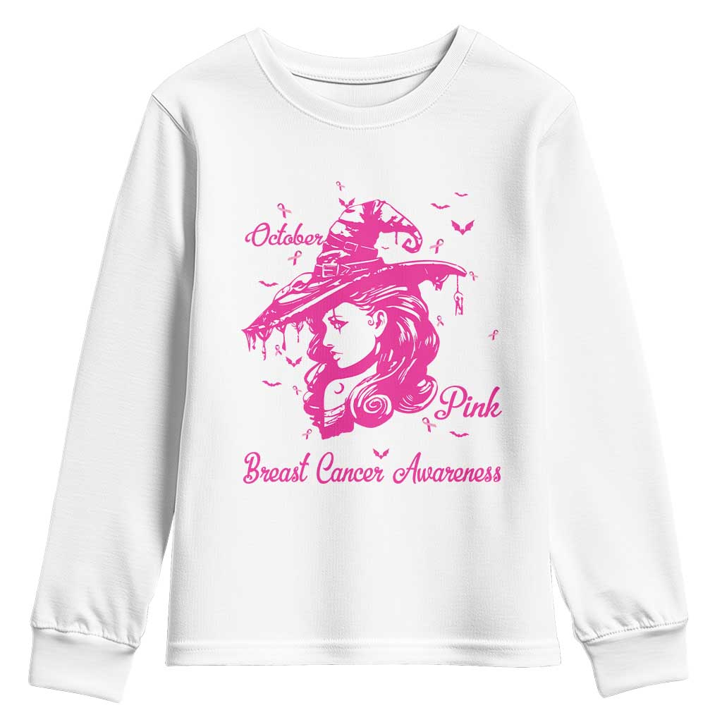 Breast Cancer Support Youth Sweatshirt In October We Wear Pink Halloween Witch