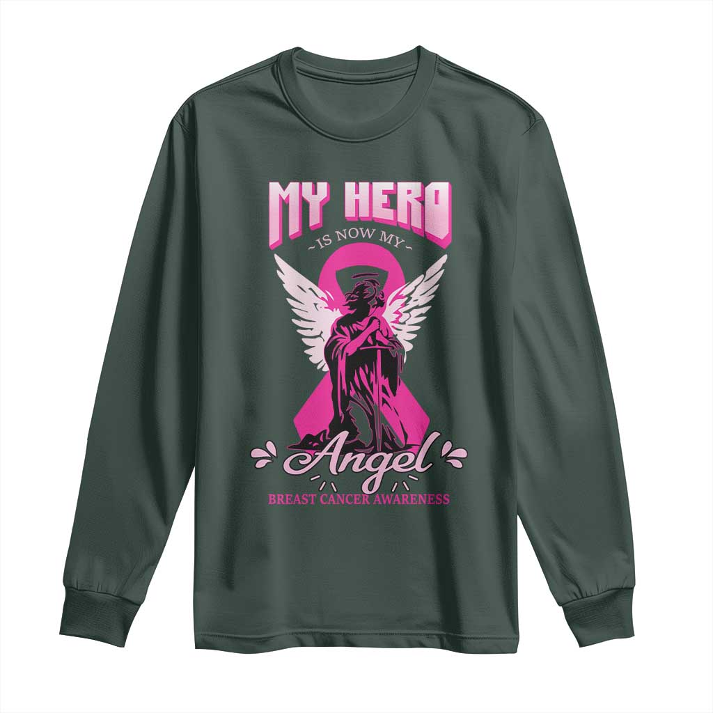 Breast Cancer Support Long Sleeve Shirt My Hero Is Now My Angel Pink Ribbon Cancer Warrior