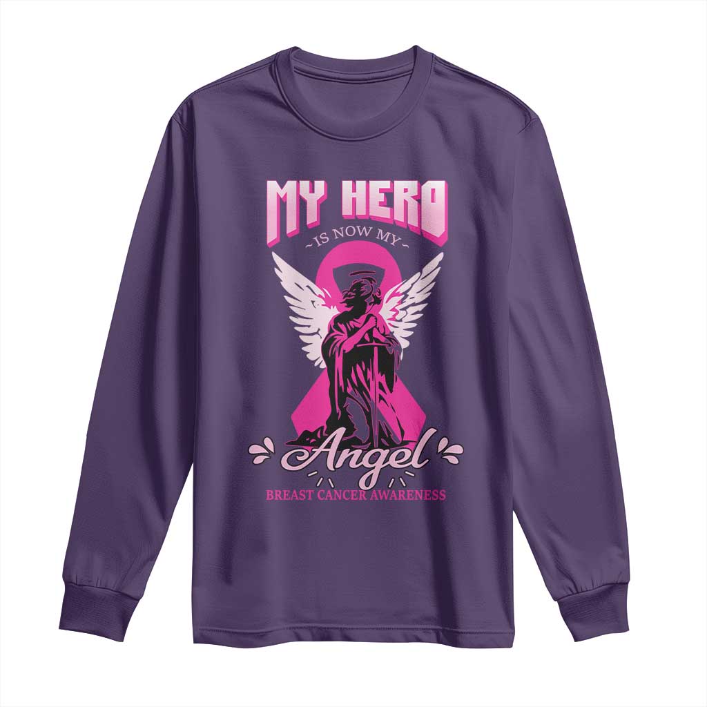 Breast Cancer Support Long Sleeve Shirt My Hero Is Now My Angel Pink Ribbon Cancer Warrior