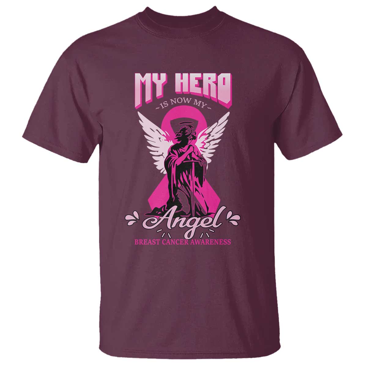 Breast Cancer Support T Shirt My Hero Is Now My Angel Pink Ribbon Cancer Warrior