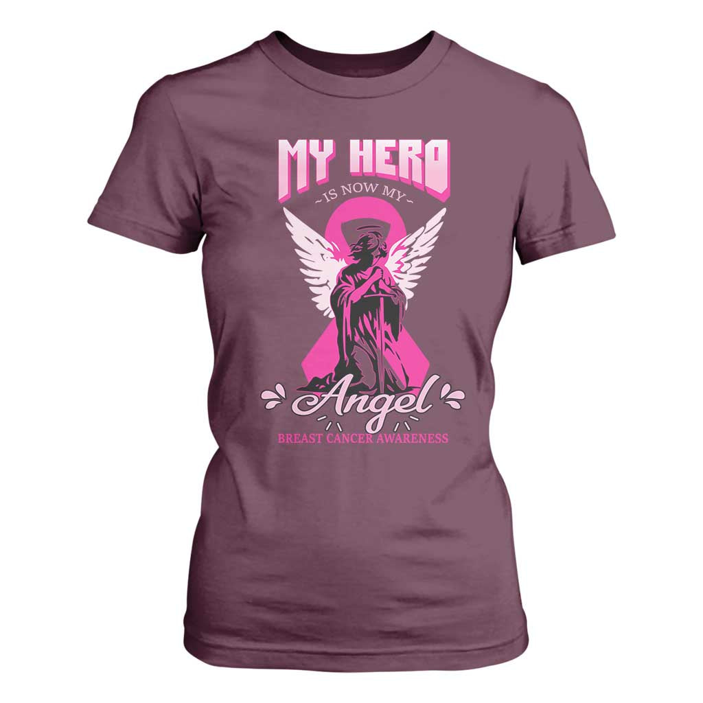 Breast Cancer Support T Shirt For Women My Hero Is Now My Angel Pink Ribbon Cancer Warrior