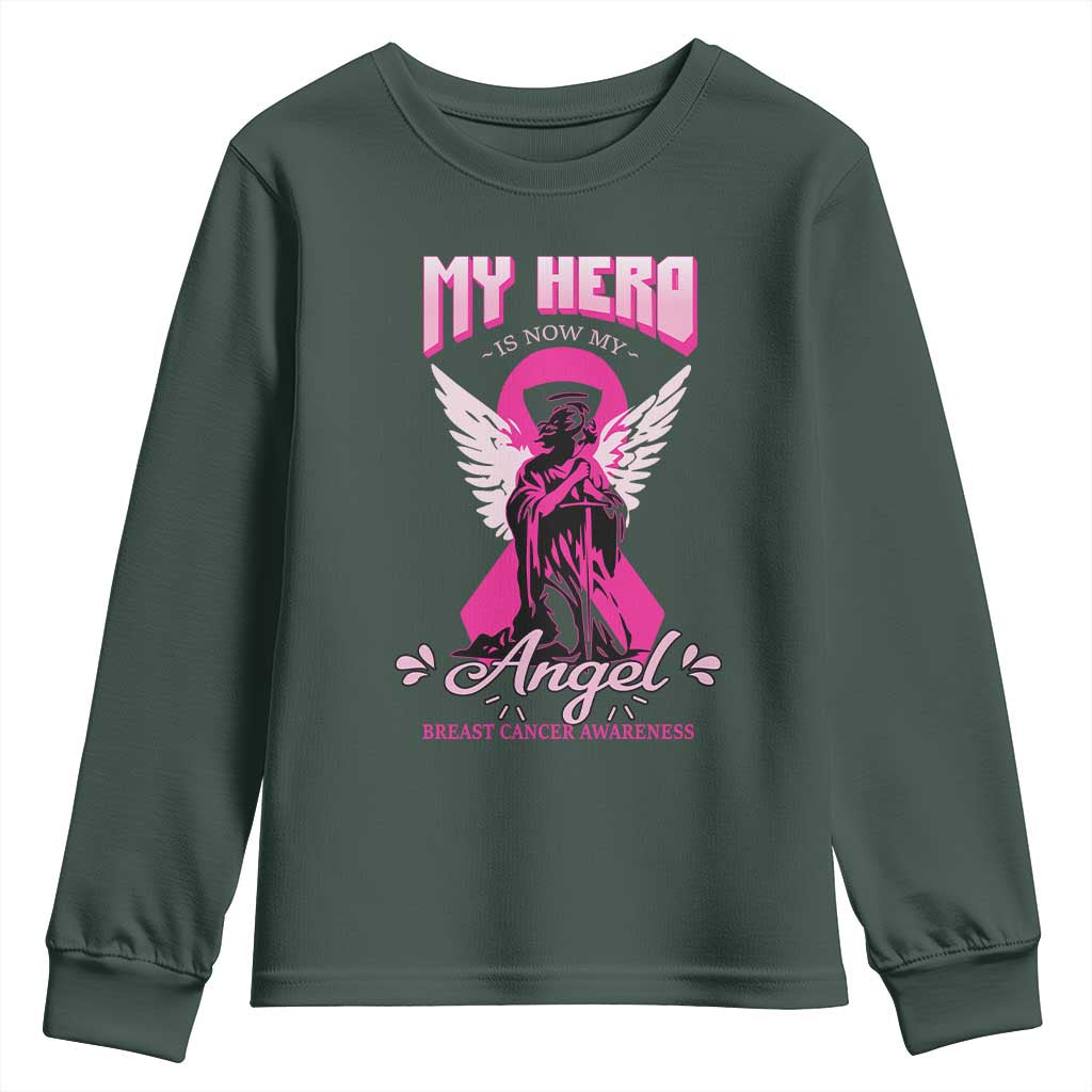 Breast Cancer Support Youth Sweatshirt My Hero Is Now My Angel Pink Ribbon Cancer Warrior