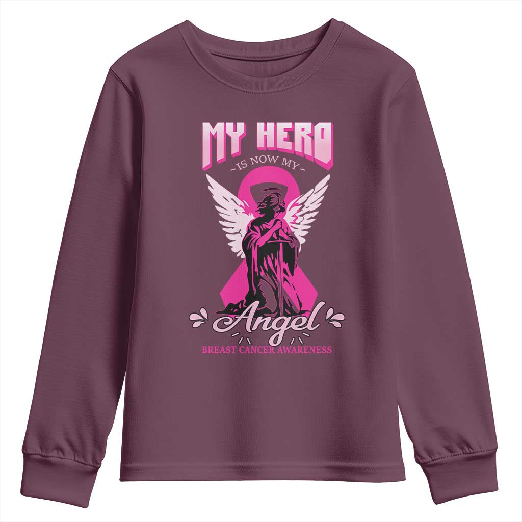 Breast Cancer Support Youth Sweatshirt My Hero Is Now My Angel Pink Ribbon Cancer Warrior