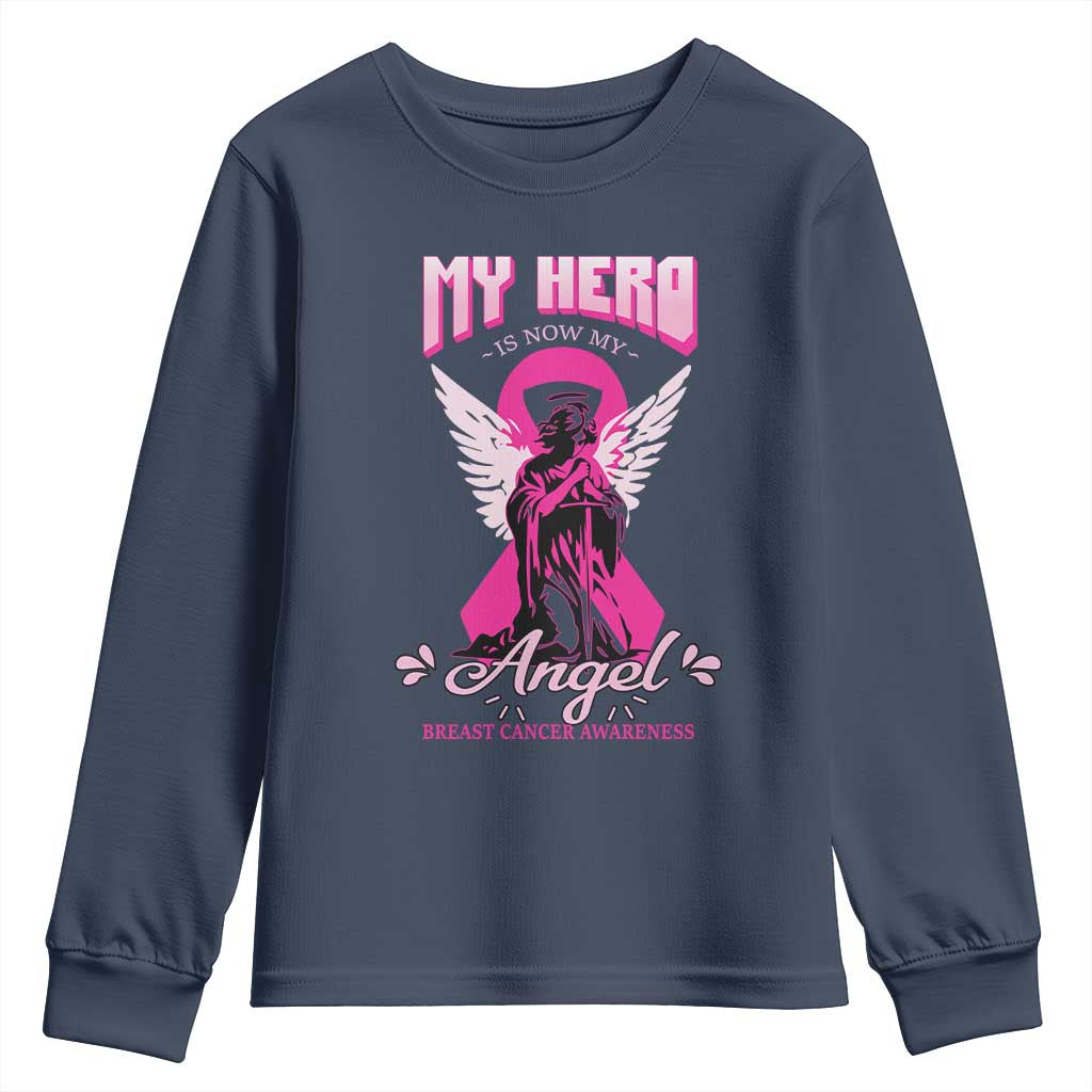 Breast Cancer Support Youth Sweatshirt My Hero Is Now My Angel Pink Ribbon Cancer Warrior
