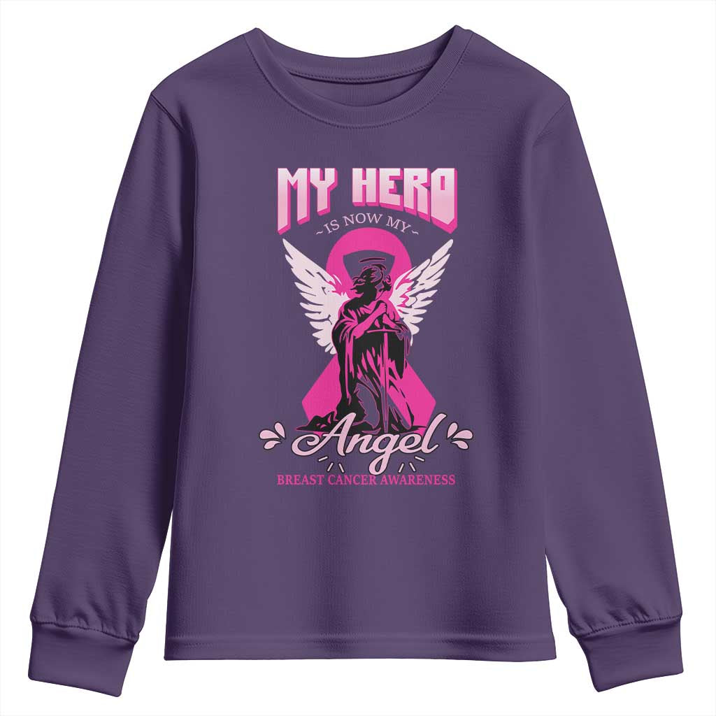 Breast Cancer Support Youth Sweatshirt My Hero Is Now My Angel Pink Ribbon Cancer Warrior