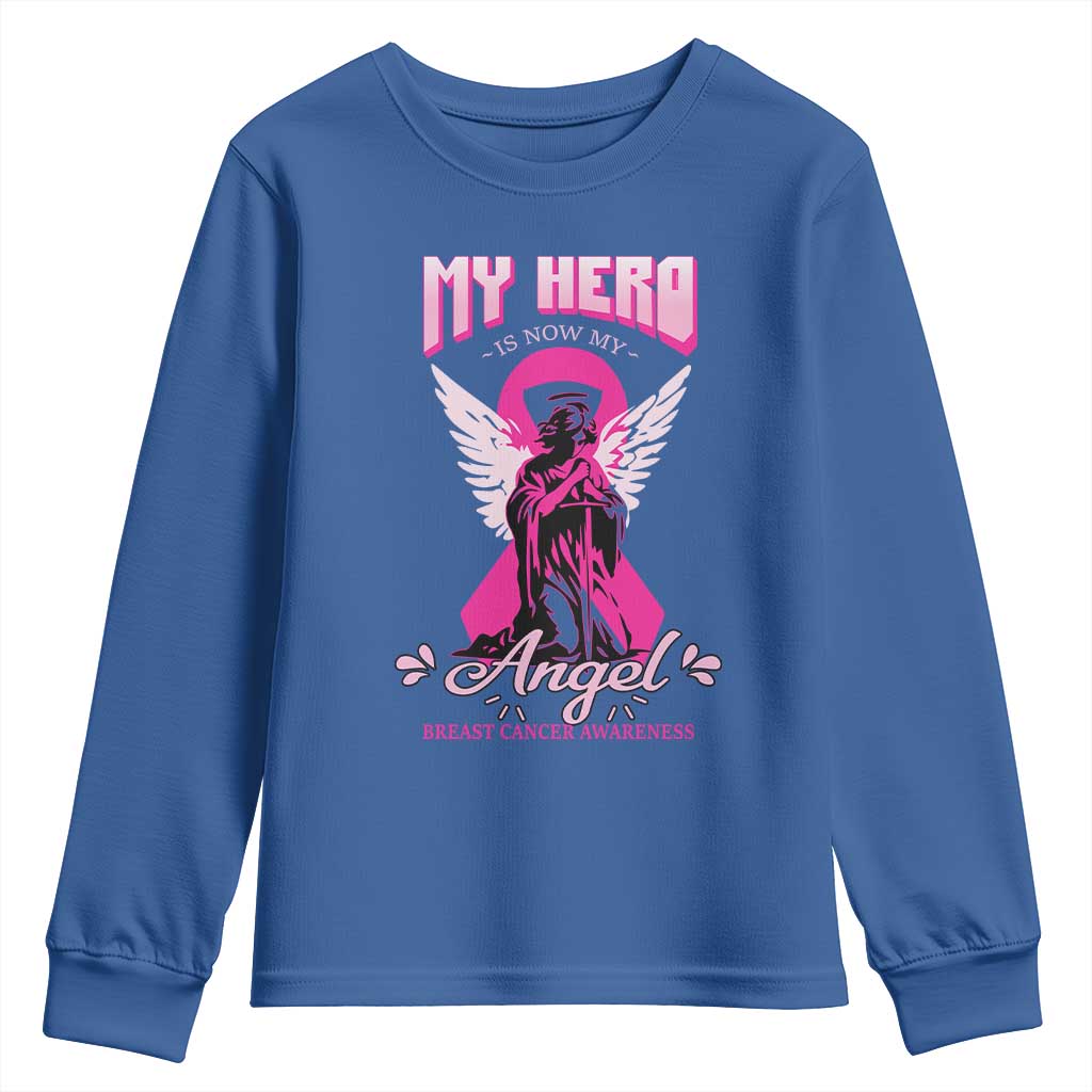 Breast Cancer Support Youth Sweatshirt My Hero Is Now My Angel Pink Ribbon Cancer Warrior