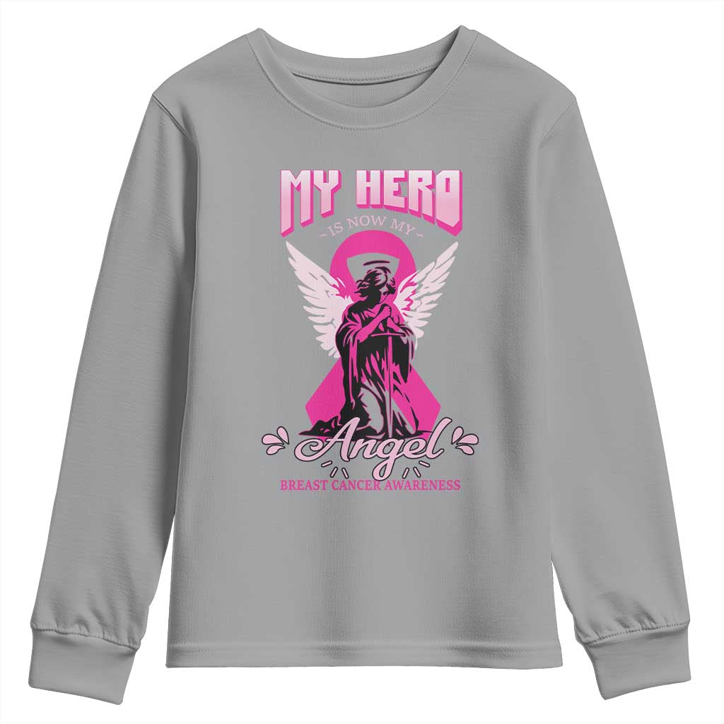 Breast Cancer Support Youth Sweatshirt My Hero Is Now My Angel Pink Ribbon Cancer Warrior