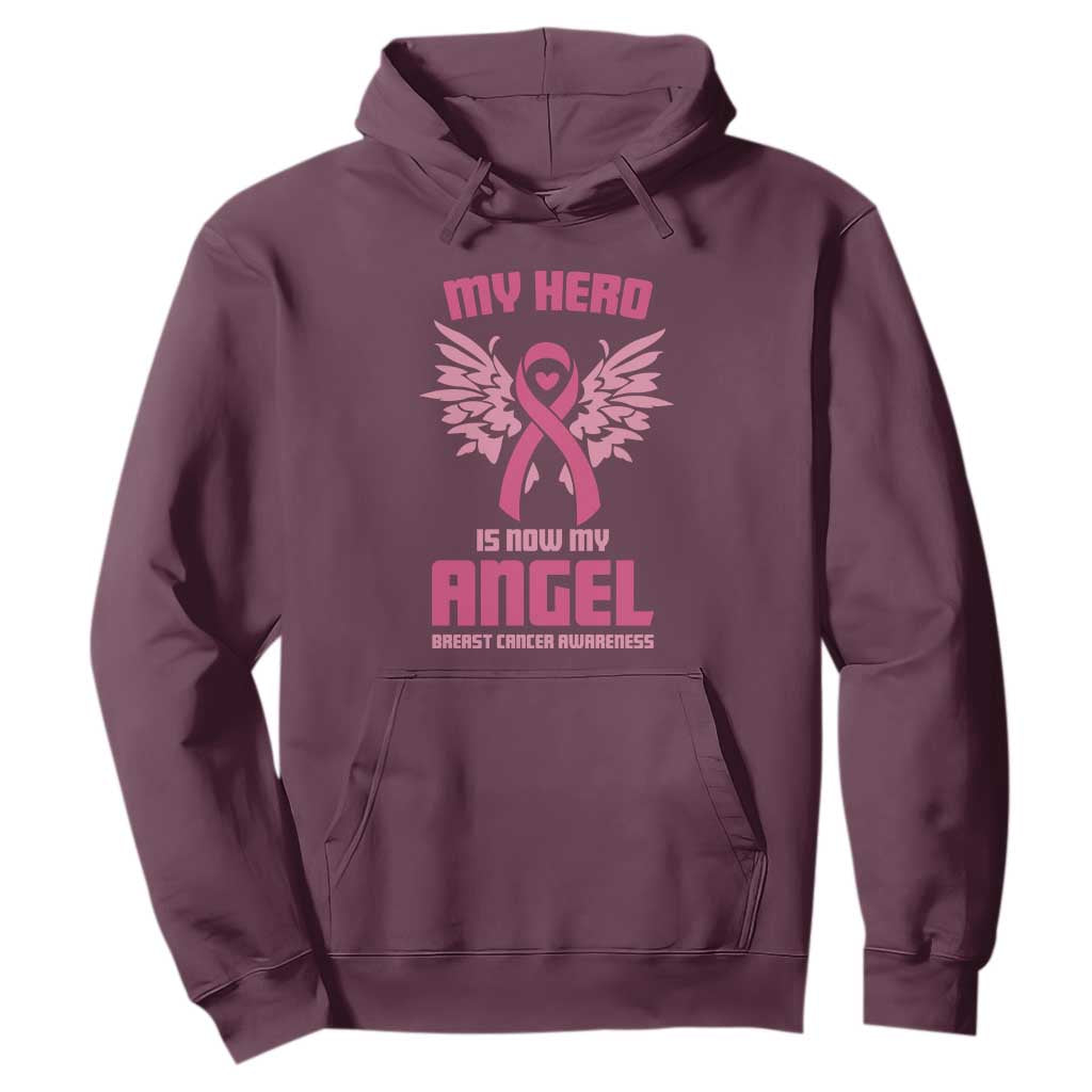 Breast Cancer Support Hoodie My Hero Is Now My Angel Pink Ribbon Wings Heart