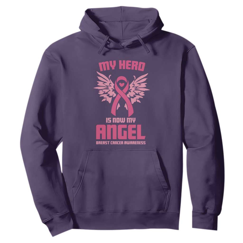 Breast Cancer Support Hoodie My Hero Is Now My Angel Pink Ribbon Wings Heart