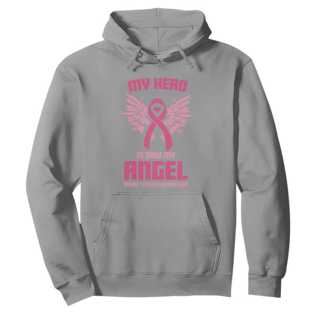 Breast Cancer Support Hoodie My Hero Is Now My Angel Pink Ribbon Wings Heart