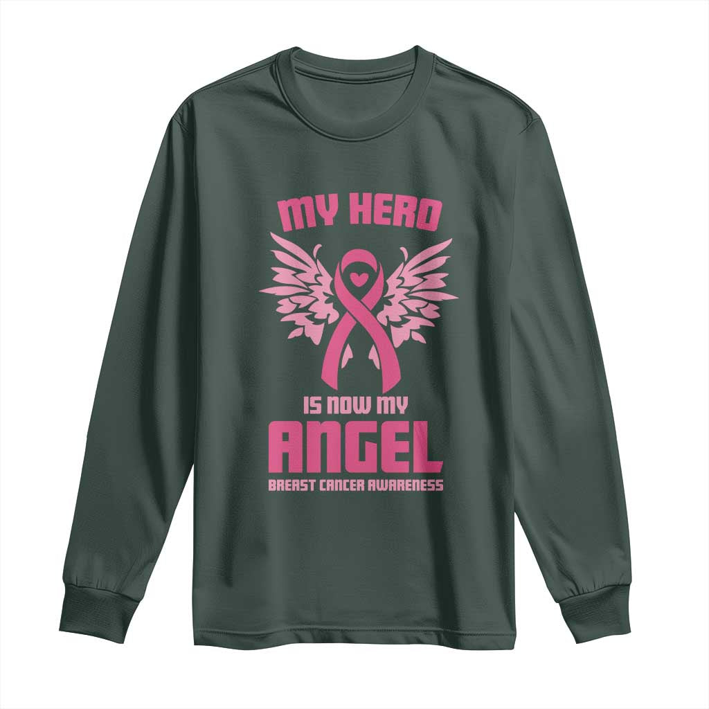 Breast Cancer Support Long Sleeve Shirt My Hero Is Now My Angel Pink Ribbon Wings Heart