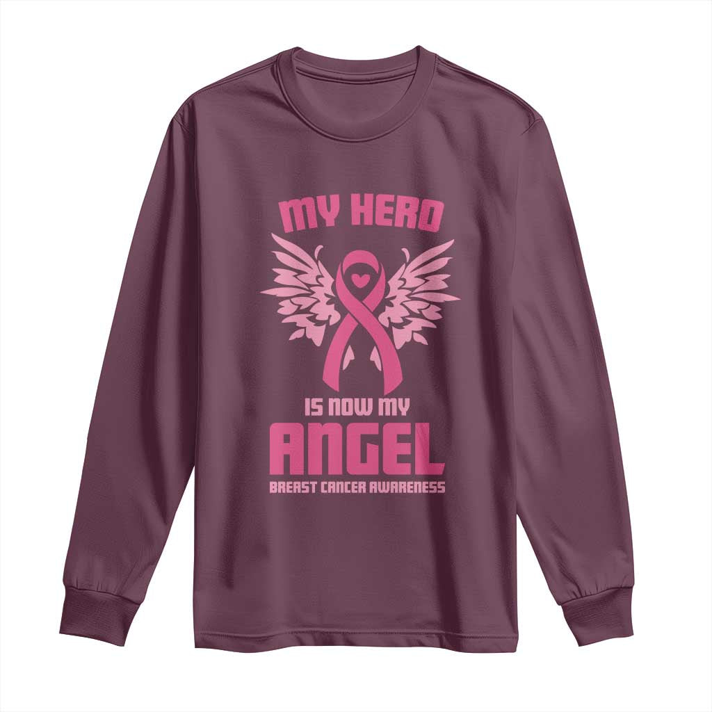 Breast Cancer Support Long Sleeve Shirt My Hero Is Now My Angel Pink Ribbon Wings Heart