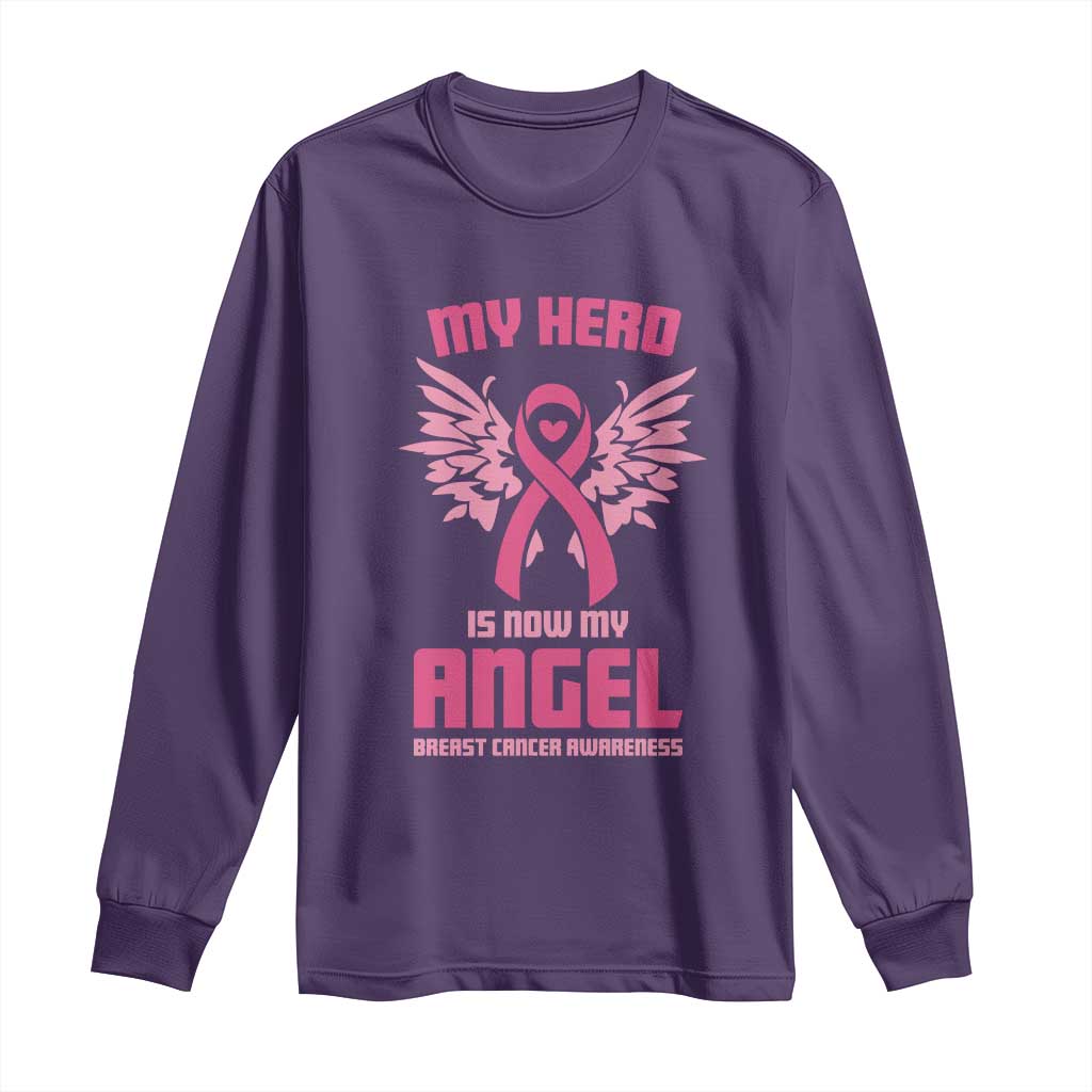 Breast Cancer Support Long Sleeve Shirt My Hero Is Now My Angel Pink Ribbon Wings Heart