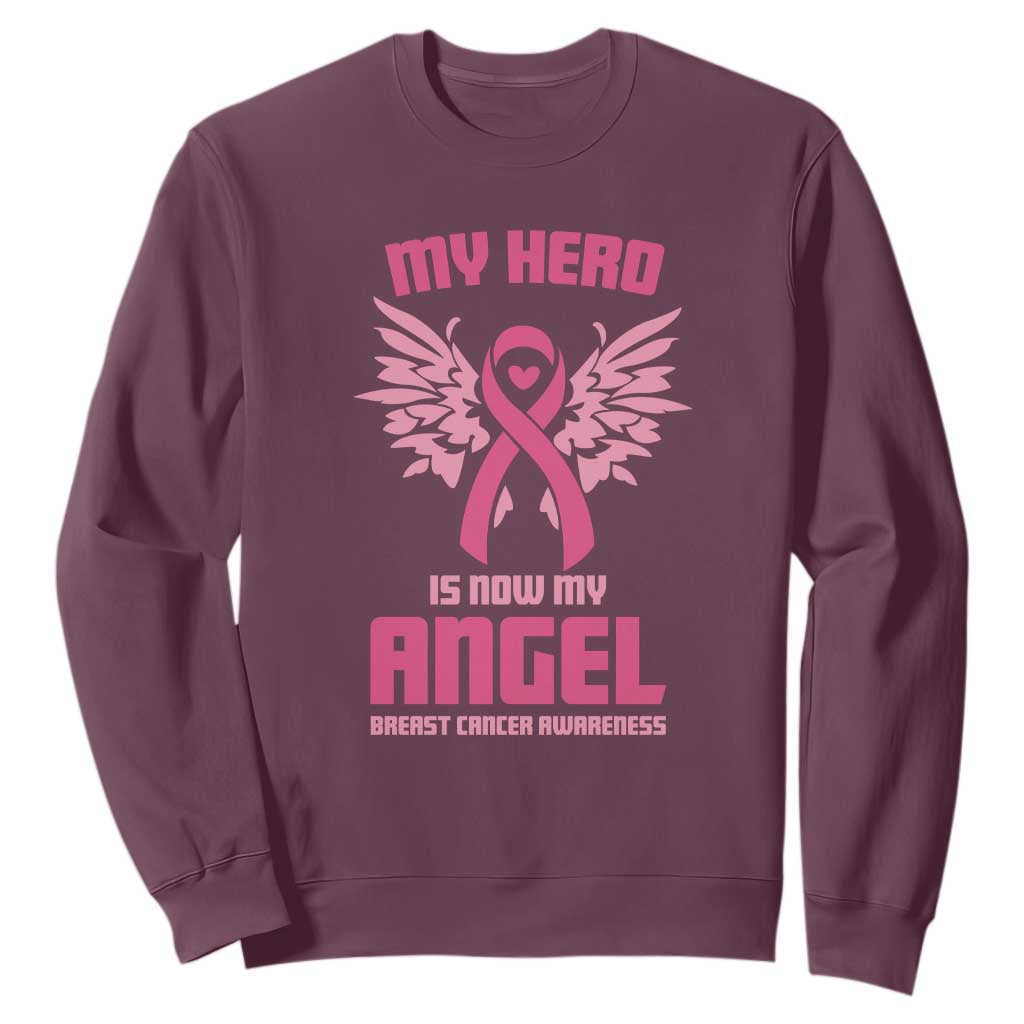 Breast Cancer Support Sweatshirt My Hero Is Now My Angel Pink Ribbon Wings Heart