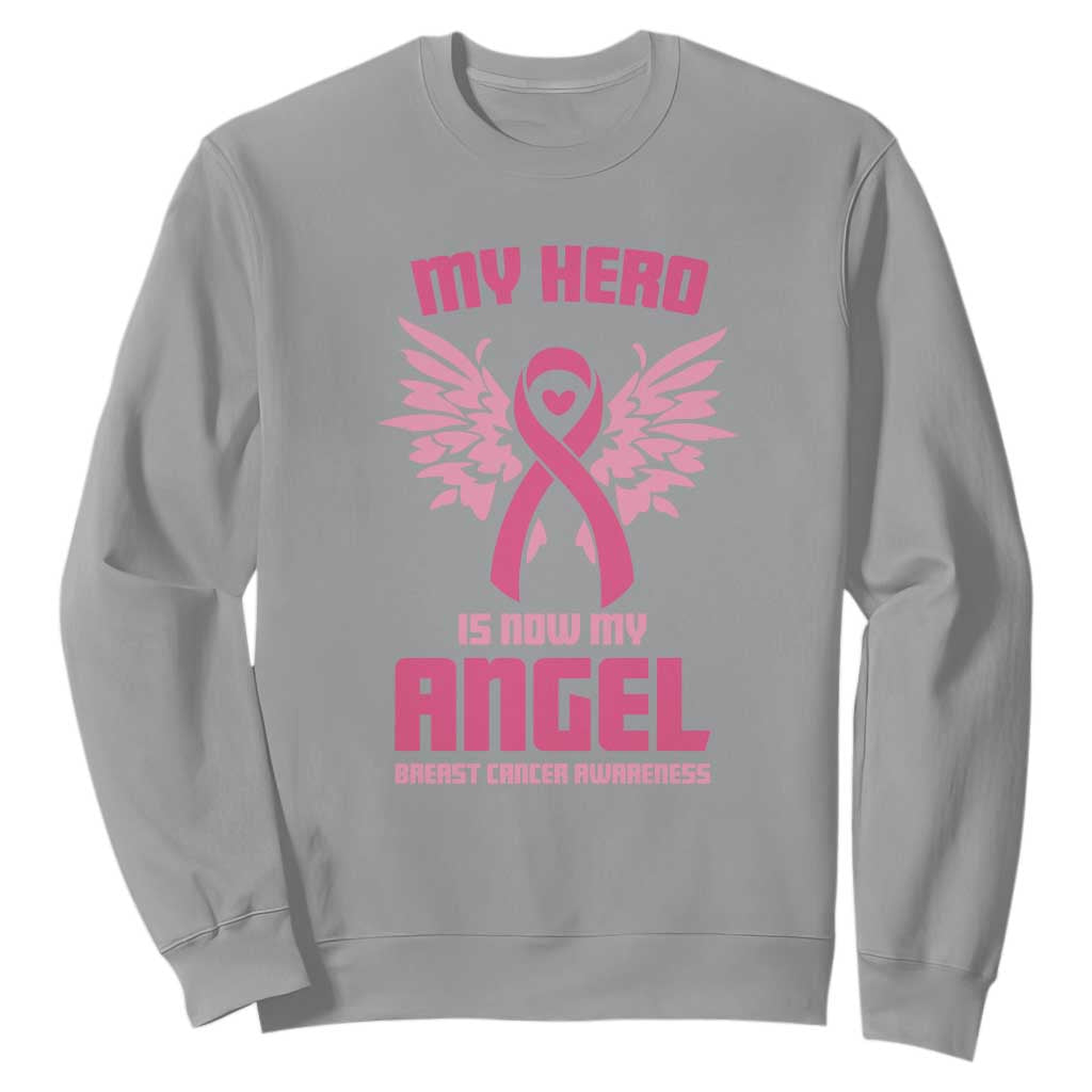Breast Cancer Support Sweatshirt My Hero Is Now My Angel Pink Ribbon Wings Heart