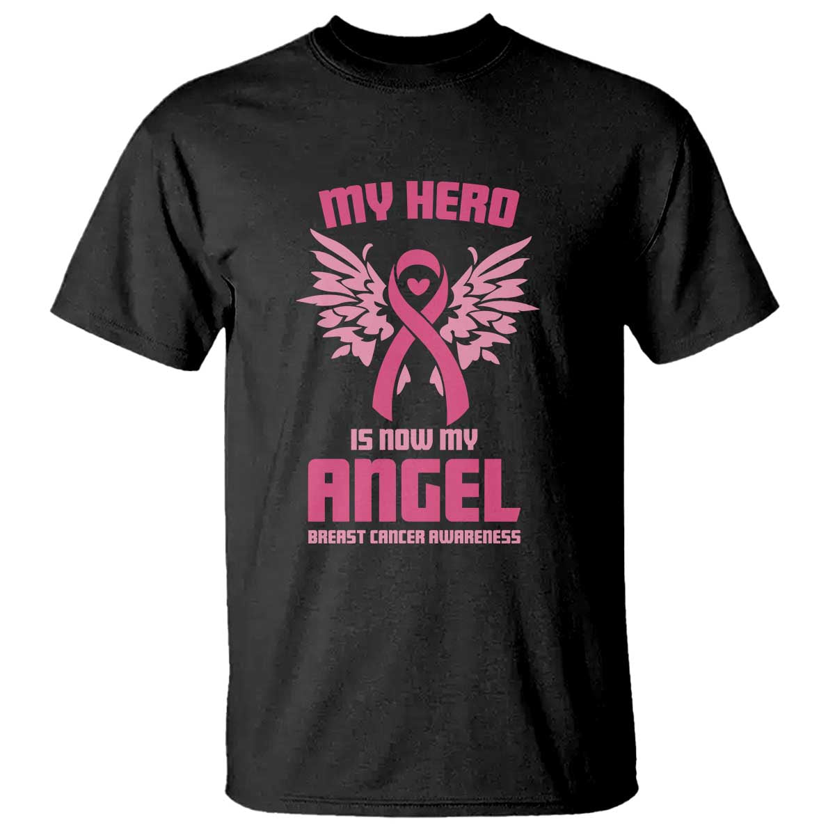 Breast Cancer Support T Shirt My Hero Is Now My Angel Pink Ribbon Wings Heart