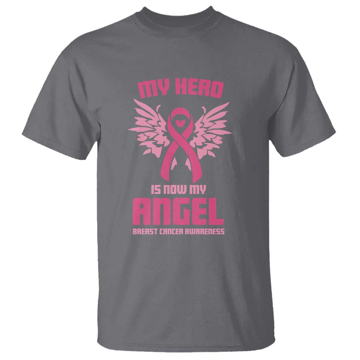 Breast Cancer Support T Shirt My Hero Is Now My Angel Pink Ribbon Wings Heart