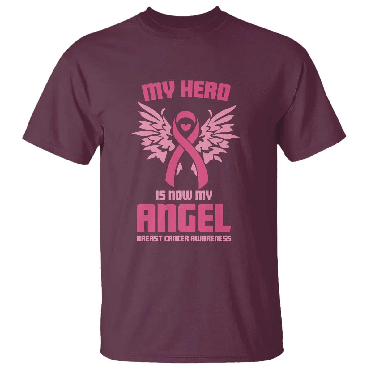 Breast Cancer Support T Shirt My Hero Is Now My Angel Pink Ribbon Wings Heart