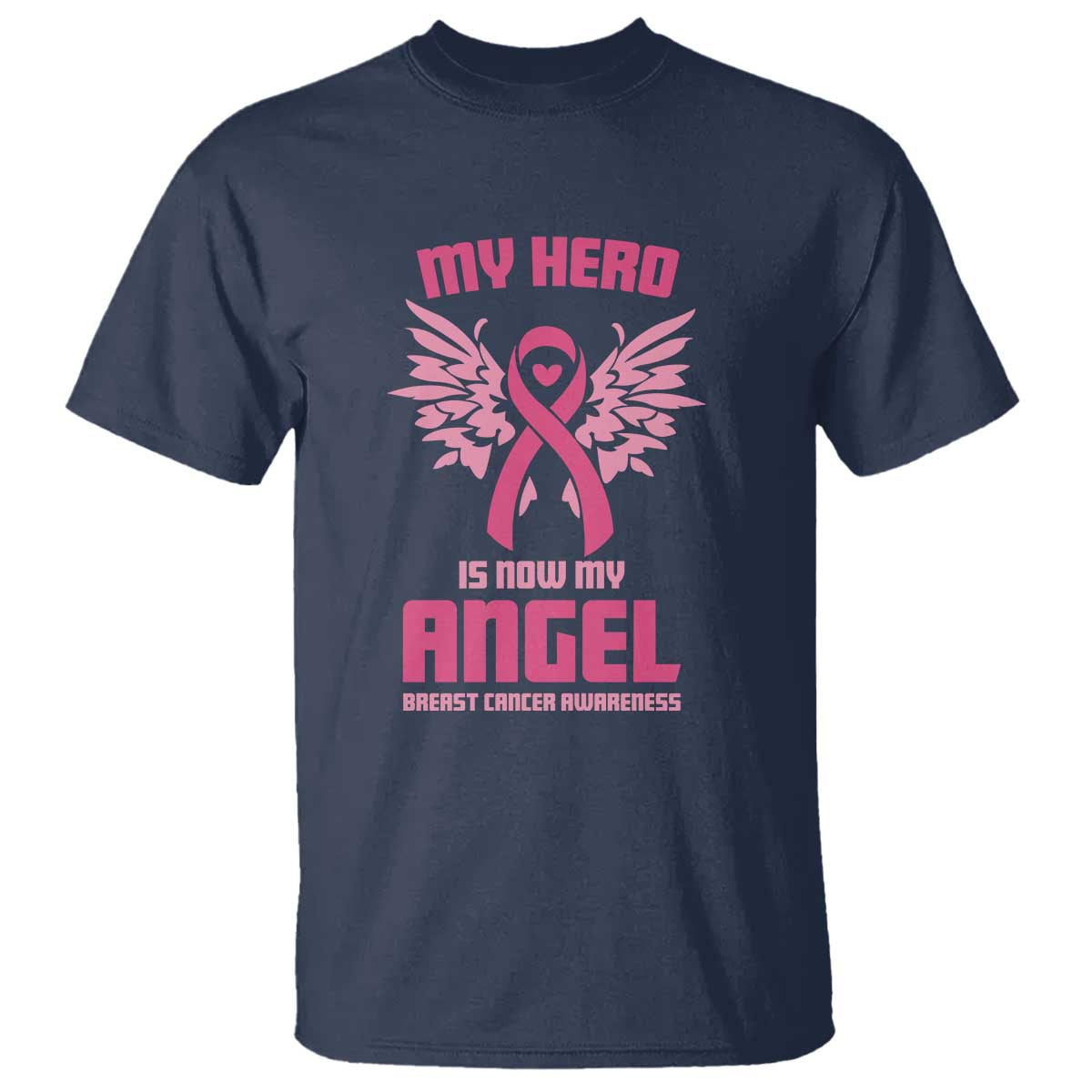 Breast Cancer Support T Shirt My Hero Is Now My Angel Pink Ribbon Wings Heart