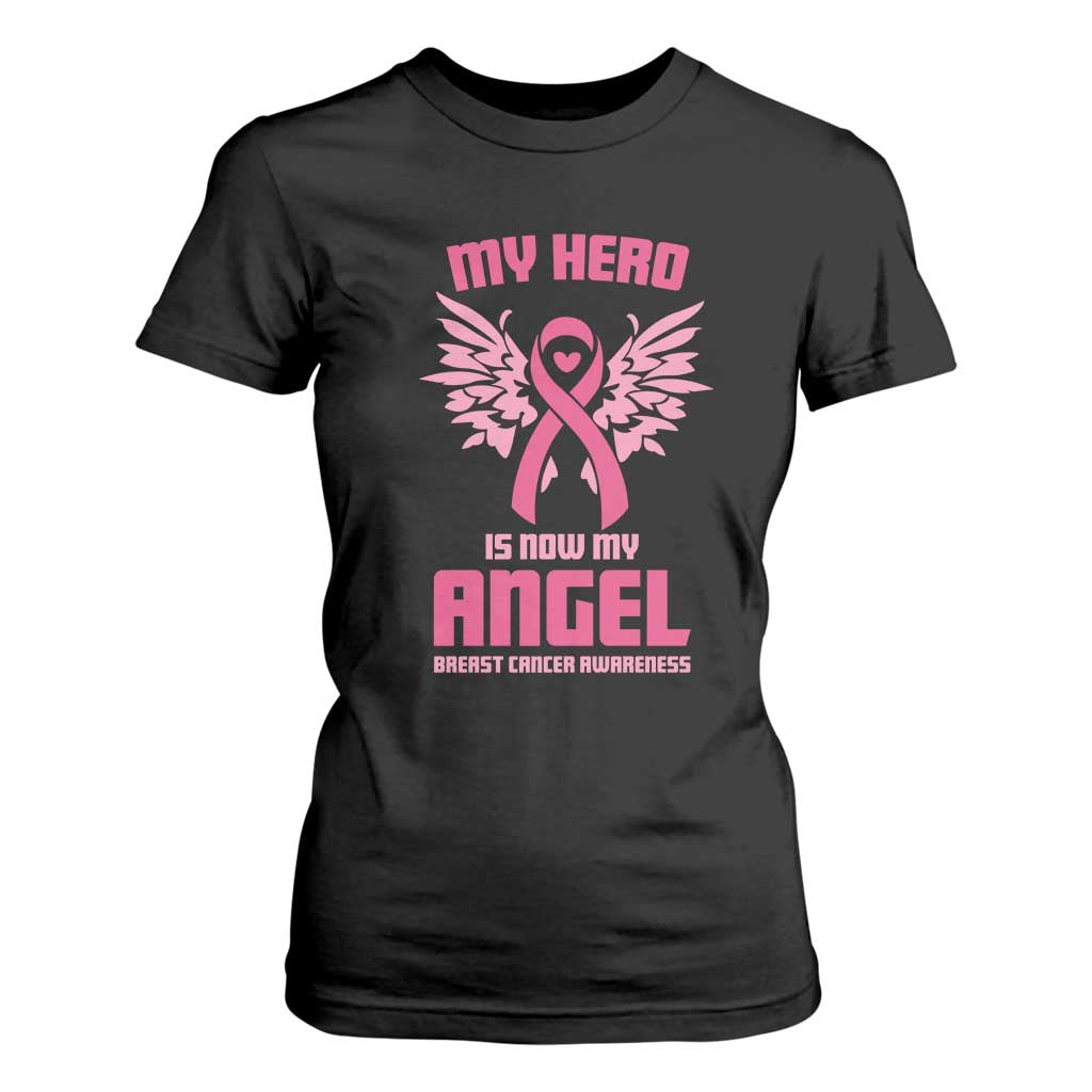 Breast Cancer Support T Shirt For Women My Hero Is Now My Angel Pink Ribbon Wings Heart