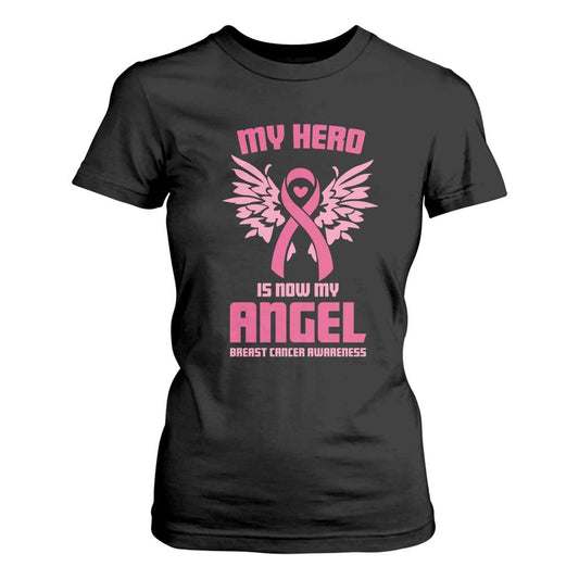 Breast Cancer Support T Shirt For Women My Hero Is Now My Angel Pink Ribbon Wings Heart